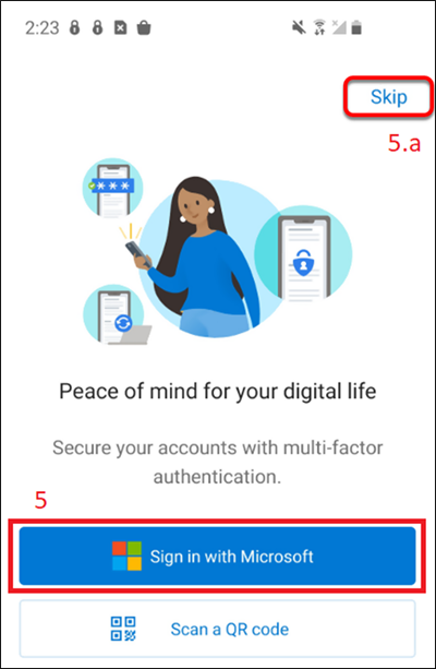 The sign in with Microsoft button on the authenticator app. 